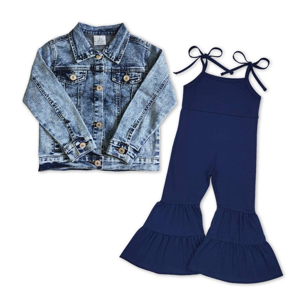 Baby Girls Denim Jackets Navy Jumpsuits 2pcs Clothing Sets: 4T